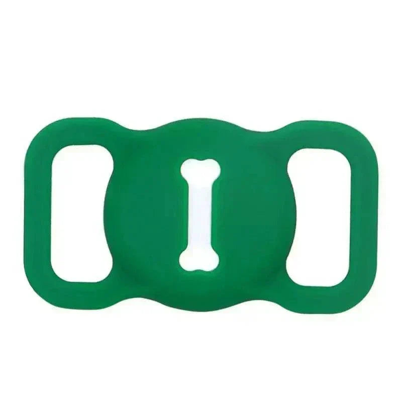Durable silicone Airtag case for GPS pet and furry tracking, green, bone design.