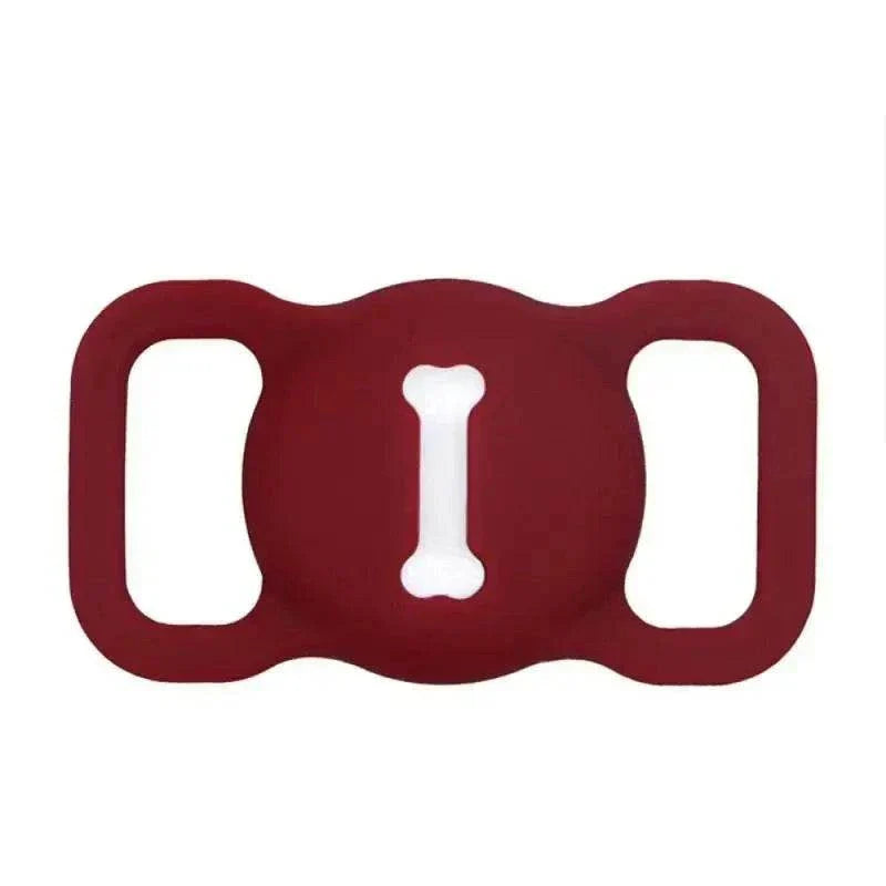 Durable silicone Airtag case for GPS pet tracking, red, bone design.
