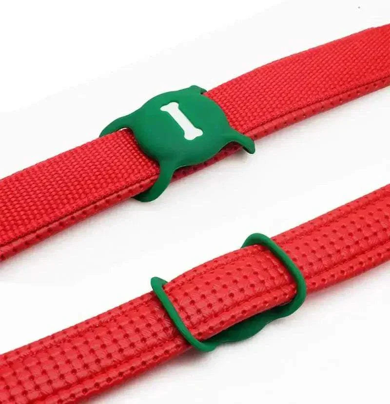 Durable silicone Airtag case on red pet collar for GPS tracking.
