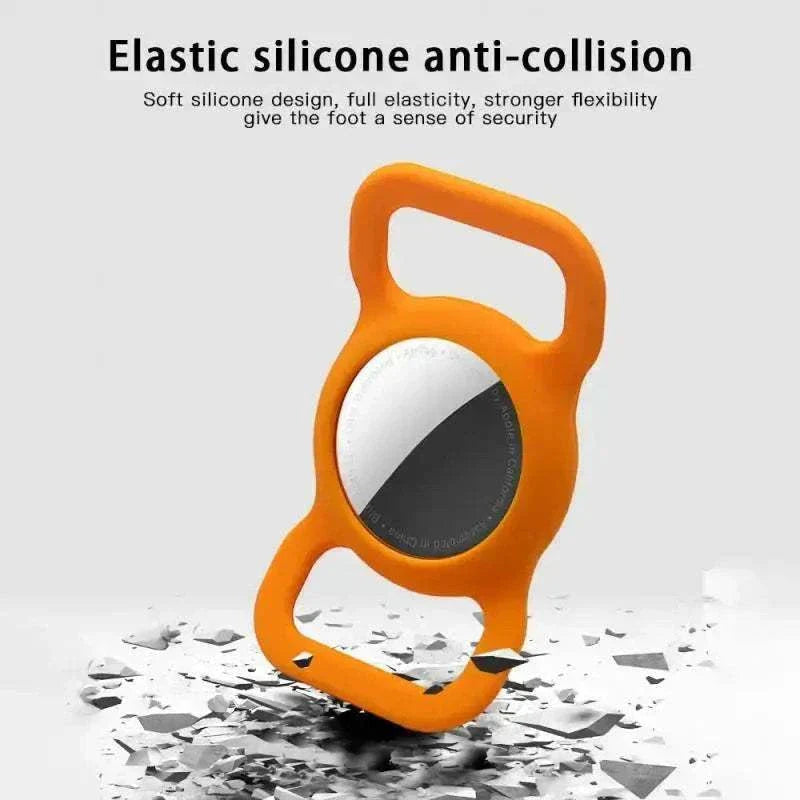 Durable silicone Airtag case in orange for GPS pet tracking.
