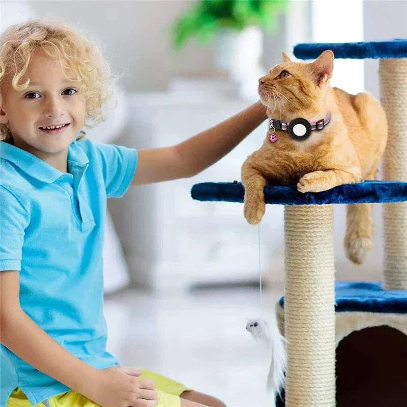Lightweight and durable AirTag case collar on a cat for pet tracking.