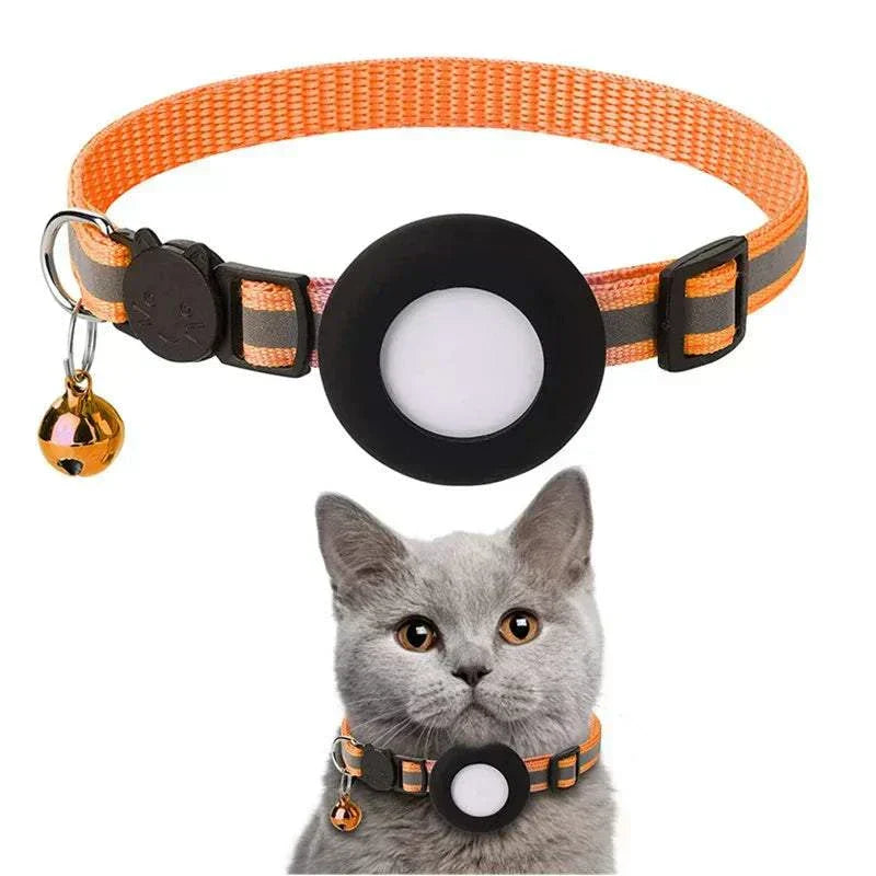 Lightweight and durable AirTag case collar for pets in orange with bell, shown on a gray cat.