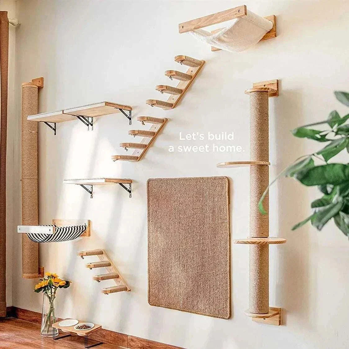 Wall mounted cat furniture set with shelves, perches, and ladders for interactive play.