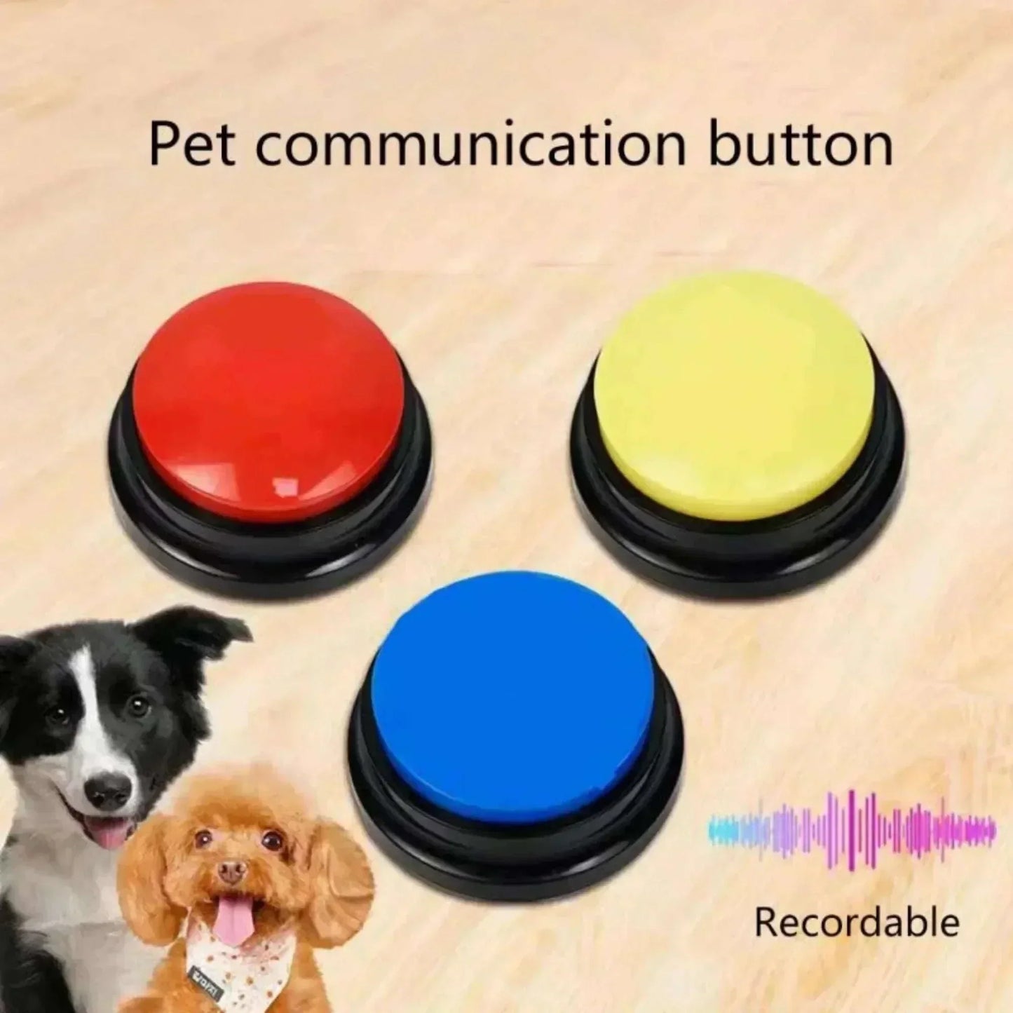 Voice recording button set for pet training with colorful buttons and dogs.