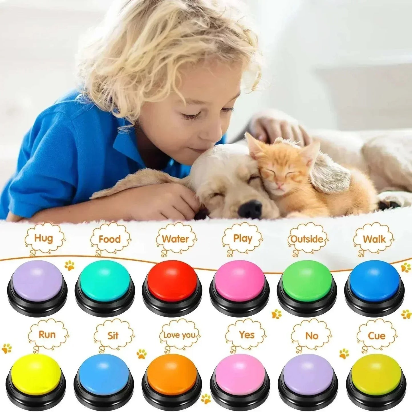 Voice recording button set for pet training and fun, featuring customizable commands and vibrant colors.