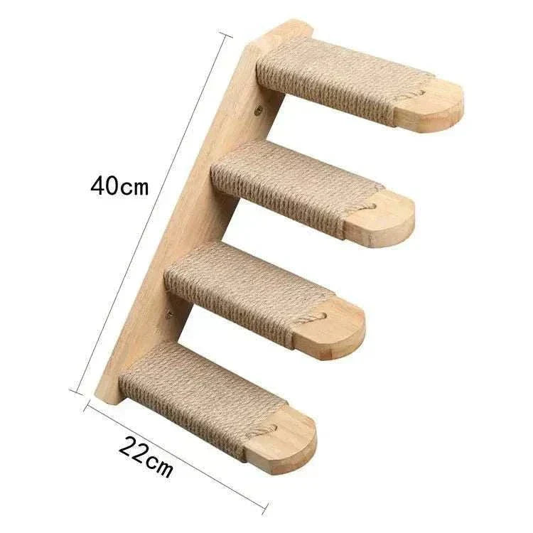Wall-mounted cat furniture interactive course set with wooden steps and sisal wrapping.