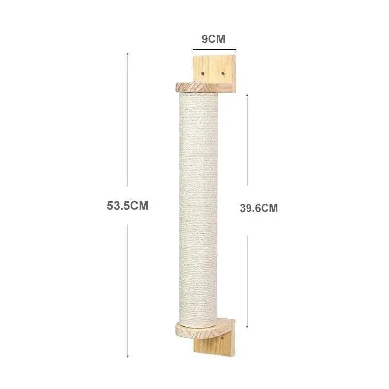 Wall-mounted cat furniture piece with sisal rope scratching post, durable wood design.