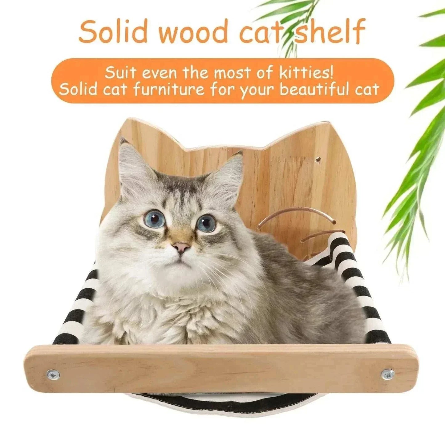Solid wood cat shelf with striped bedding and a fluffy cat.