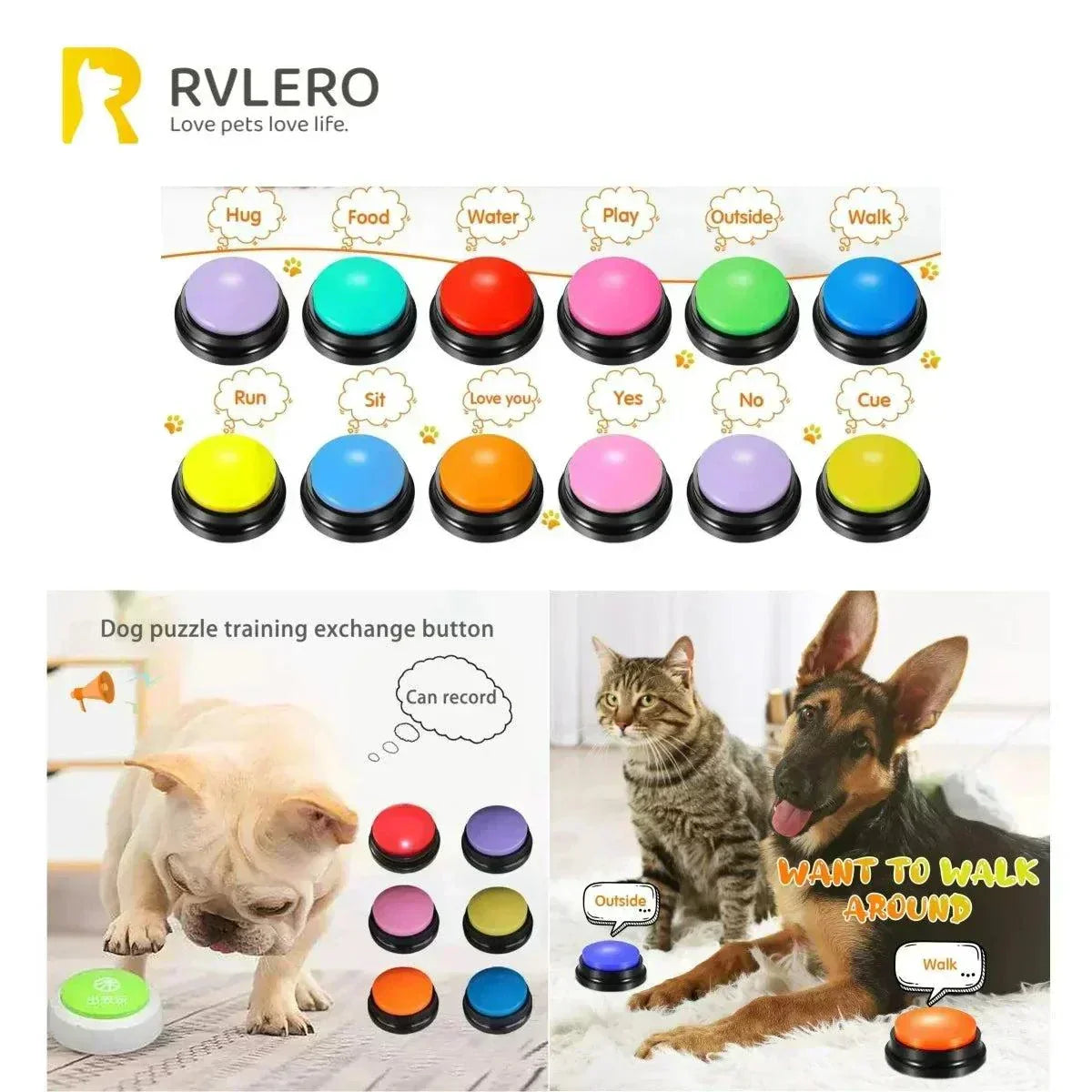 Voice recording buttons for pet training with colorful designs and customizable command options.