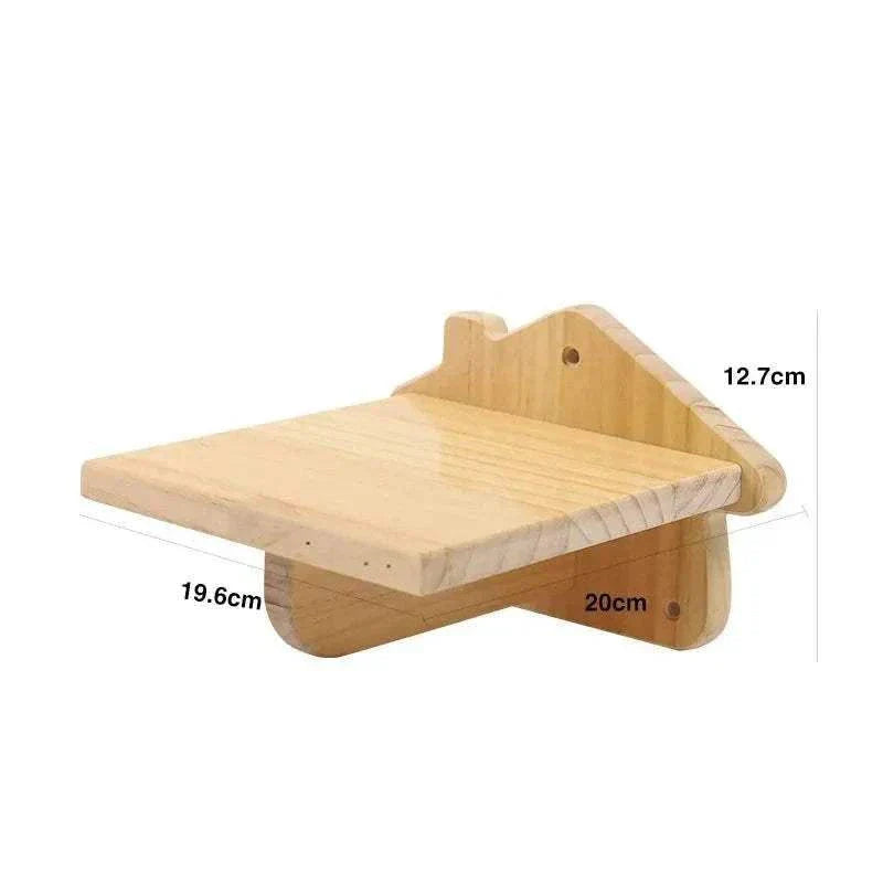 Wall mounted cat shelf with dimensions for interactive cat furniture.