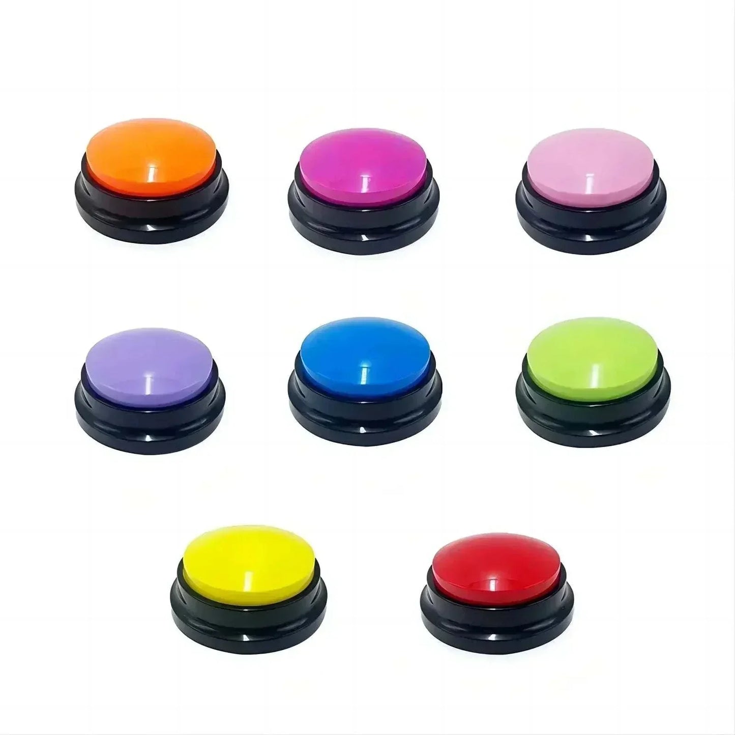 Colorful voice recording buttons for pet training and communication.