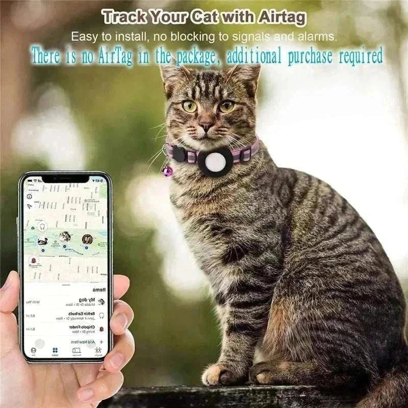 Tabby cat wearing AirTag case collar shown with smartphone displaying tracking app; lightweight and durable accessory for pet safety.