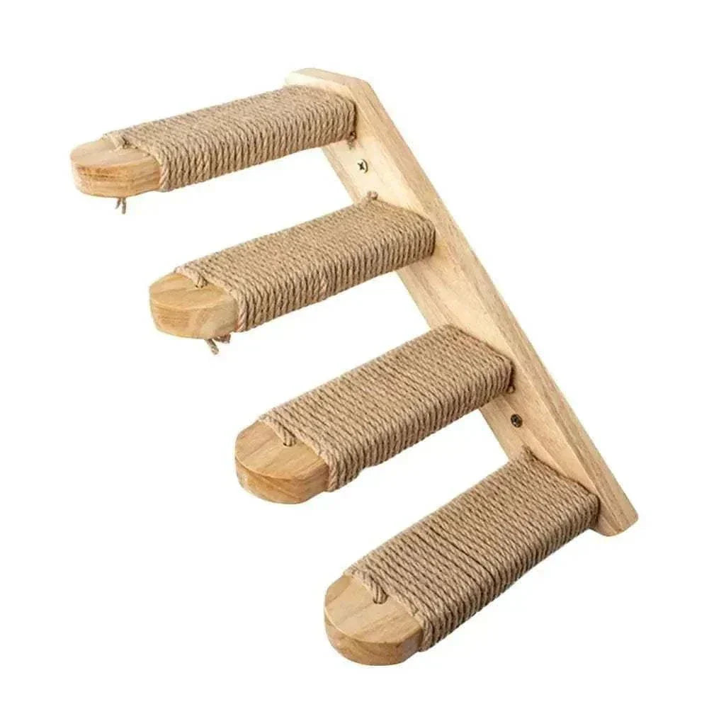 Wall-mounted cat steps with sisal rope for climbing and scratching.