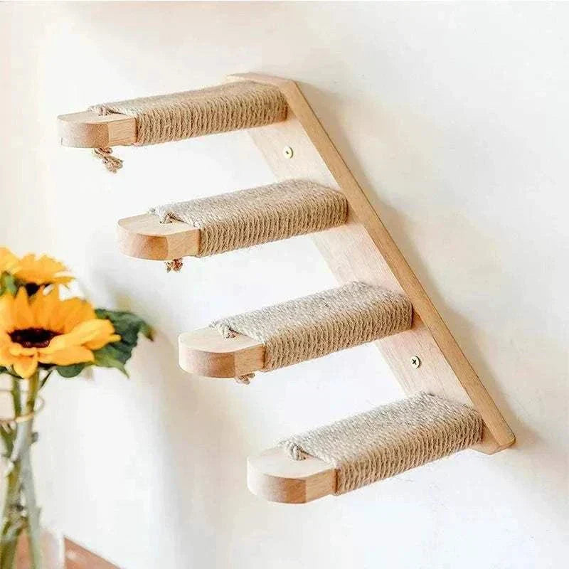 Wall mounted cat furniture with four sisal-wrapped perches for climbing and scratching.
