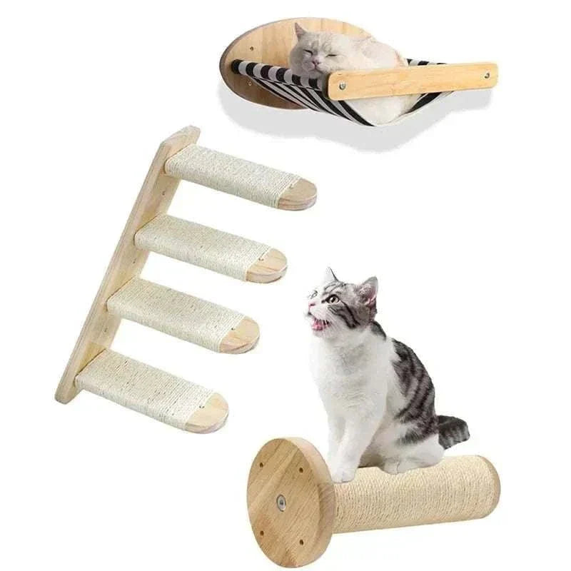Wall mounted cat furniture set with hammock, steps, and perch for pet activity.