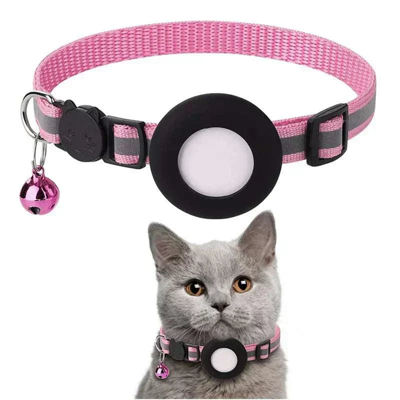 Lightweight and durable AirTag case collar for pets, pink design with secure holder and bell.
