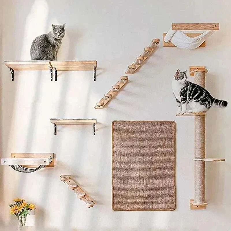 Wall mounted cat furniture set with shelves, ladder, hammock, and scratching post.