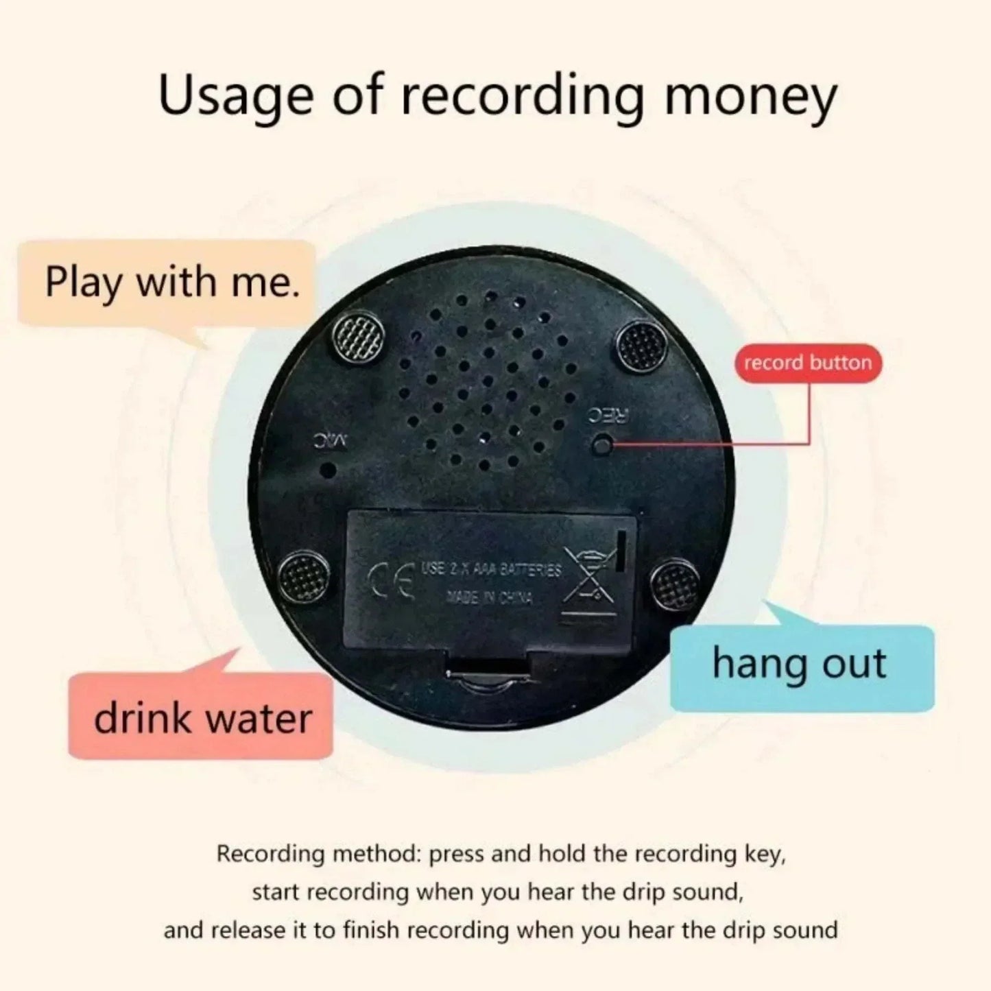 Pet training voice recording button with commands play, hang out, drink water; includes record button for customization.