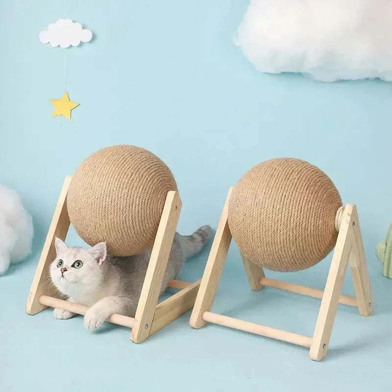 Cat playing with sisal rope ball on wooden stand for indoor interactive fun.