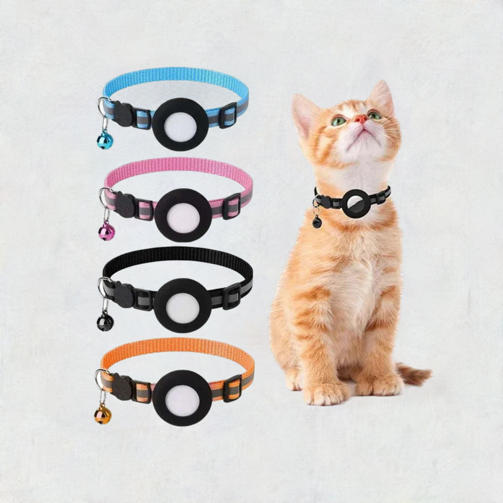 Colorful AirTag case collars for cats and dogs with bells.