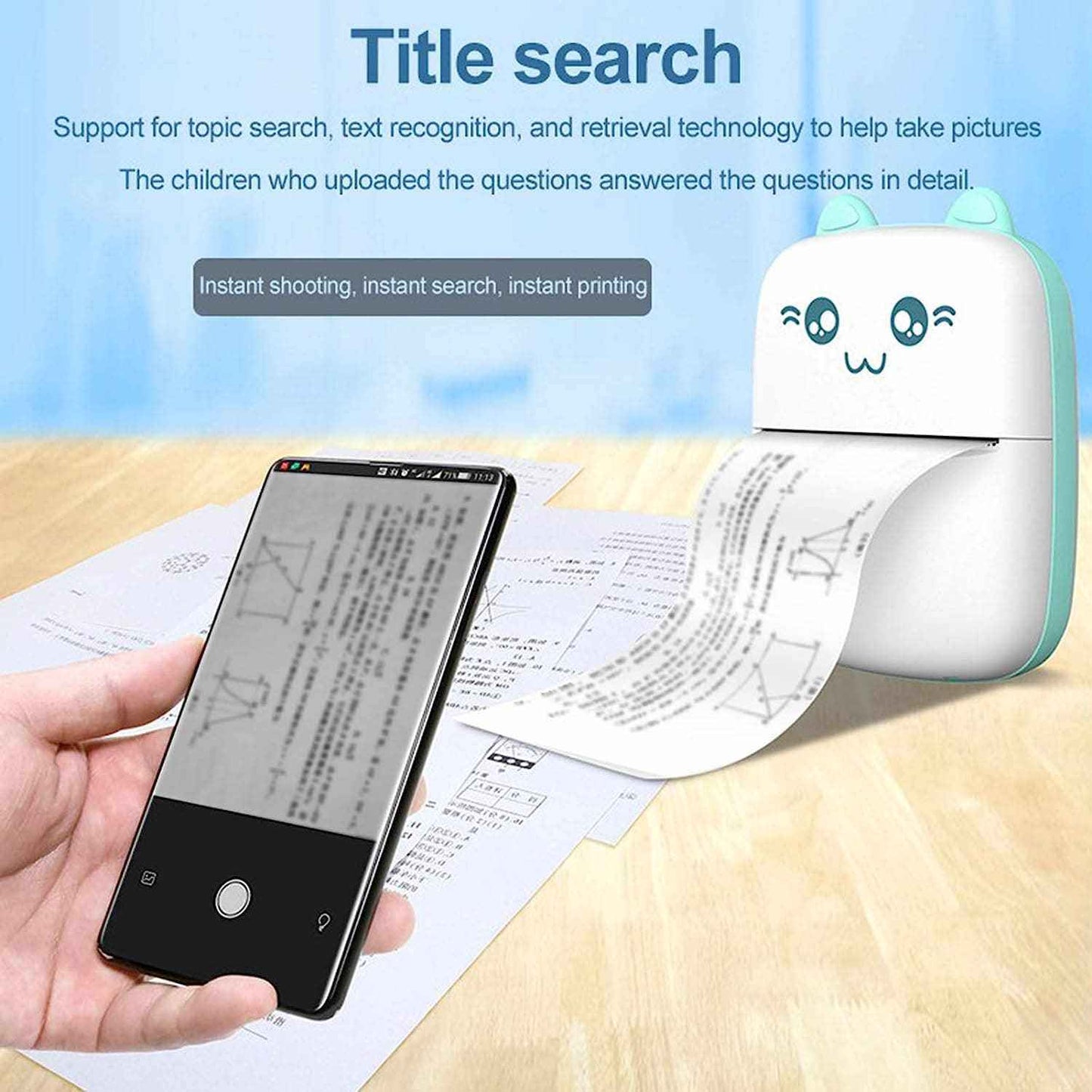 Kitty Mini Printer with smartphone connection printing document.