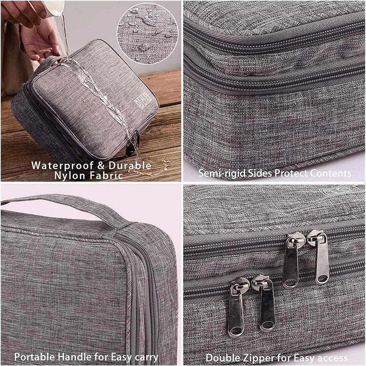 Waterproof and durable cable storage organizer with semi-rigid sides, portable handle, and double zipper for easy access.