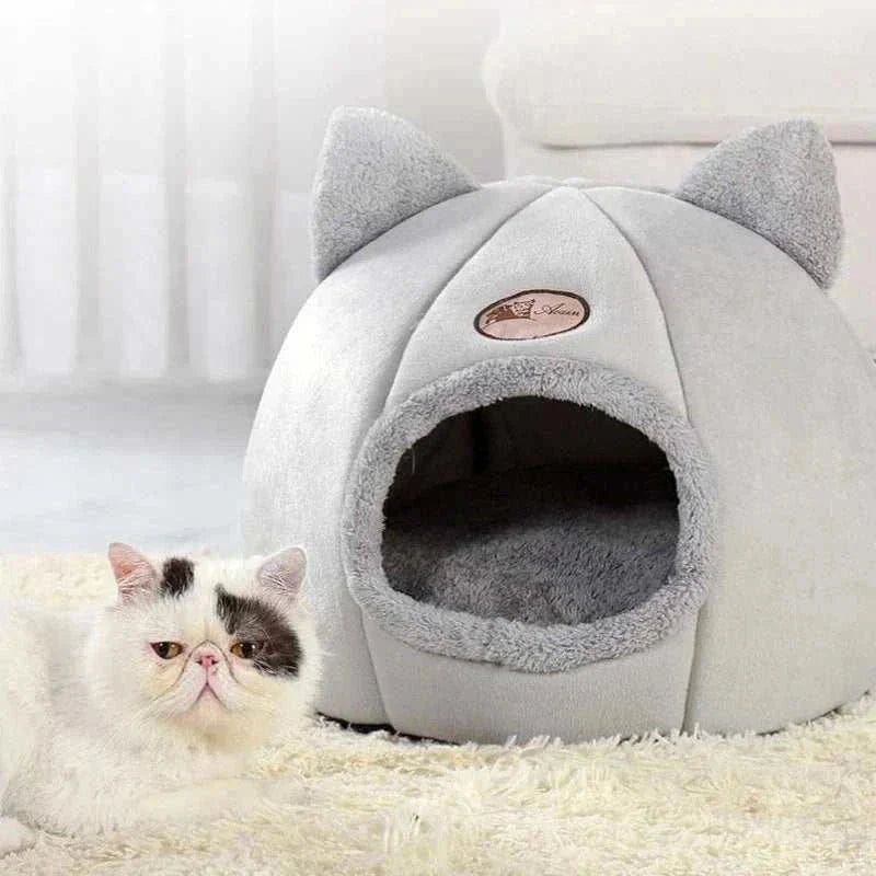 Cute Cat Cave with removable bed cushion, cozy gray design, and breathable cotton material.