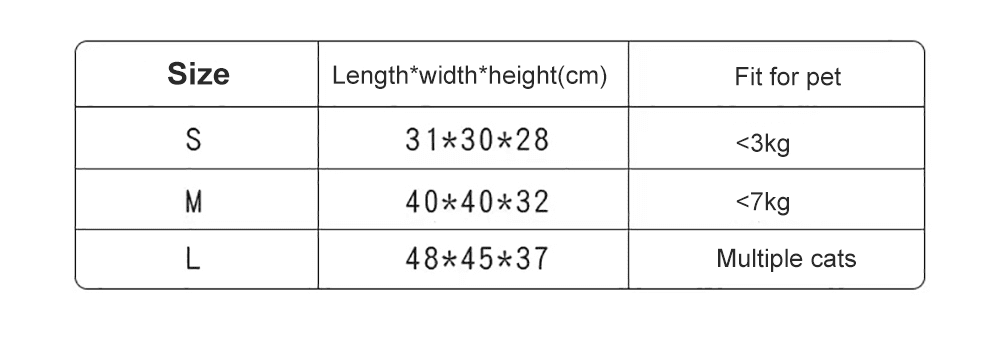 Size chart for Animal Shape Cat Bed: small (31x30x28cm) for cats under 3kg, medium (40x40x32cm) for cats under 7kg, large (48x45x37cm) for multiple cats.
