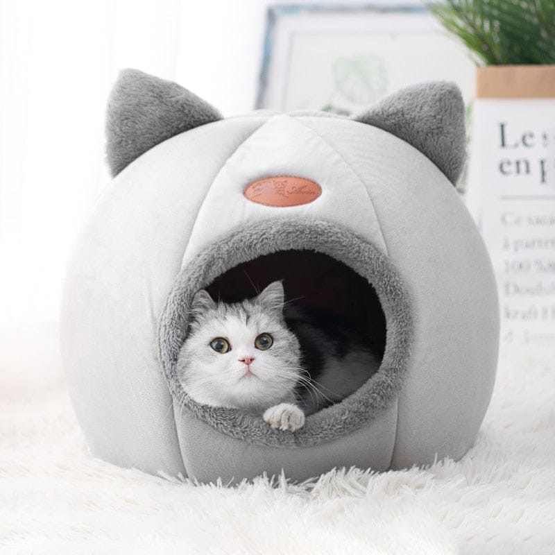 Cute gray cat cave with ears, breathable cotton, removable cushion, cozy winter bed for cats.