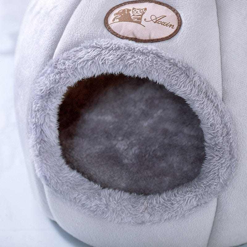 Cute Cat Cave with soft removable bed cushion, breathable gray cotton material, stylish design.
