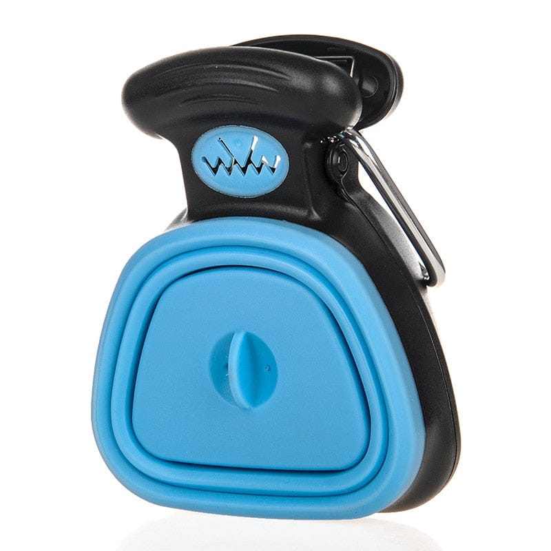 Compact blue pet poop bag dispenser, easily attachable to leashes for convenient waste management.