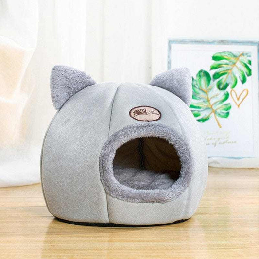 Cute gray cat cave with removable bed cushion, breathable 100% cotton, perfect for all-size cats.