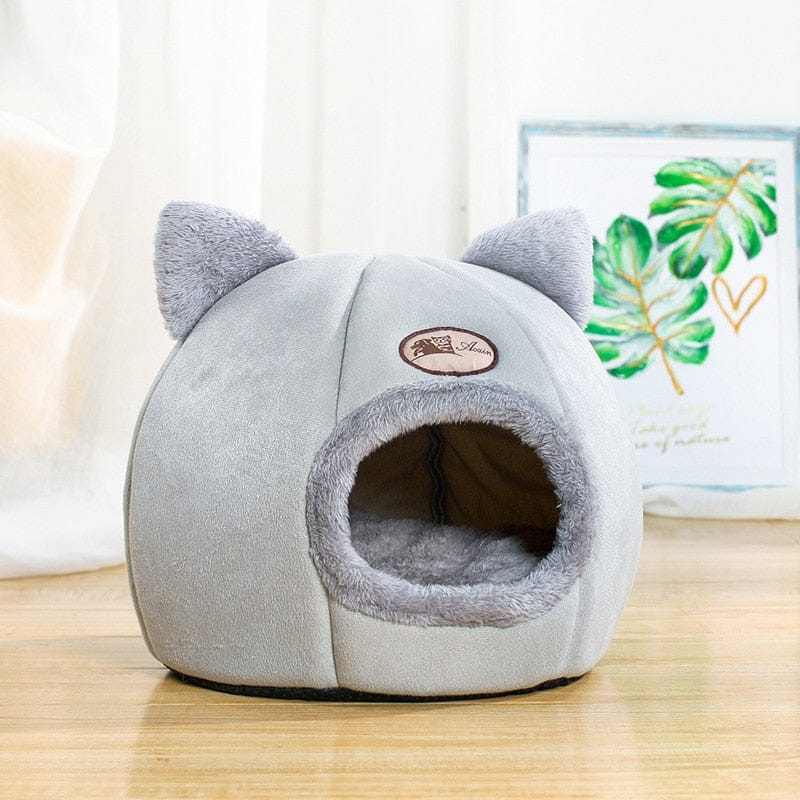 Gray cute cat cave with removable bed cushion, cozy winter comfort for cats, stylish home decor.