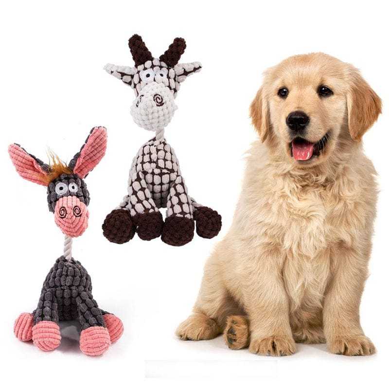 Fun donkey shape corduroy chew toy for dogs and cats, durable and machine washable.