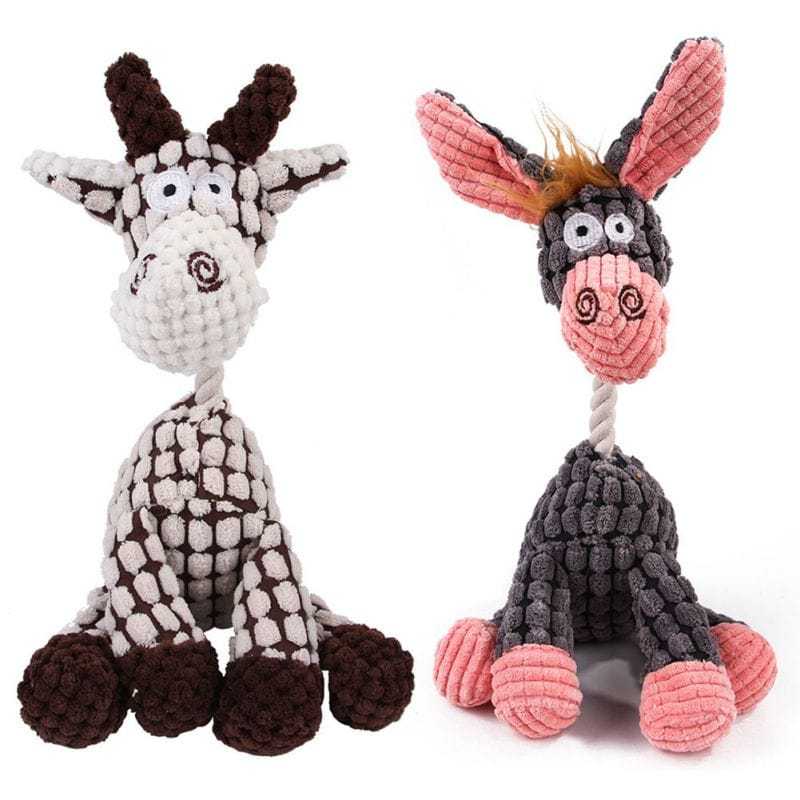 Fun donkey-shaped corduroy chew toy for pets, featuring a durable, fleece material and squeaker, suitable for dogs and cats.