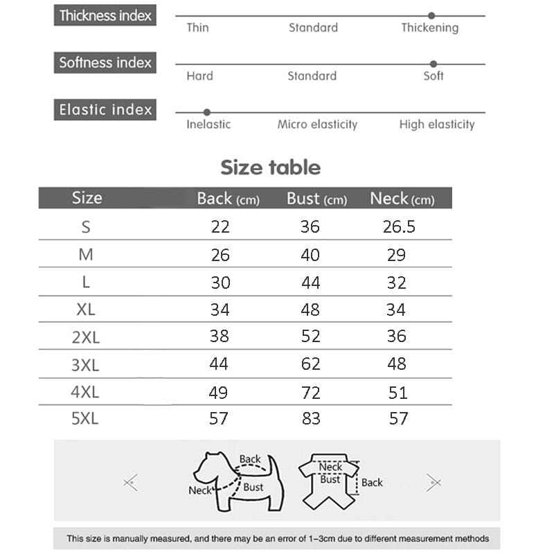 Size chart for pet harness and vest, showcasing measurements for back, bust, and neck in centimeters across sizes S to 5XL.