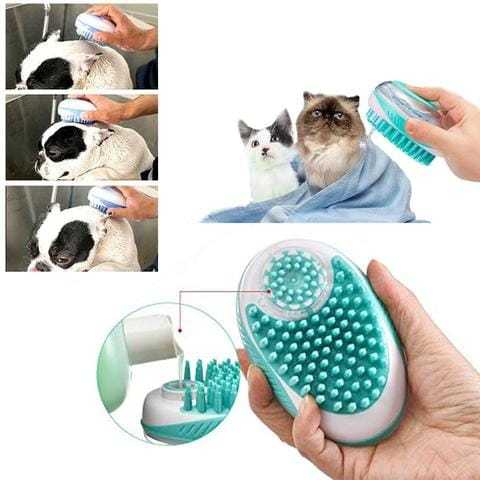 Pet brush comb with soft silicone bristles for grooming and bathing dogs and cats.
