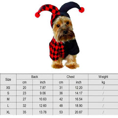 Halloween pet clothes with a funny jester design for pet cosplay, featuring red and black checkered pattern.