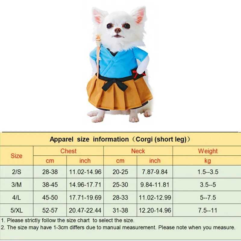 Halloween pet clothes funny cosplay outfit for small dog with size chart.