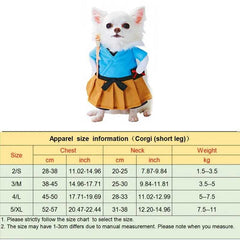 Halloween pet clothes funny cosplay outfit for small dog with size chart.