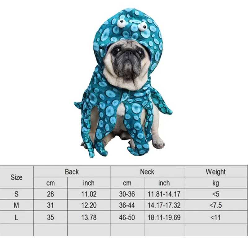 Halloween pet clothes featuring a dog in a playful blue octopus costume with size chart.