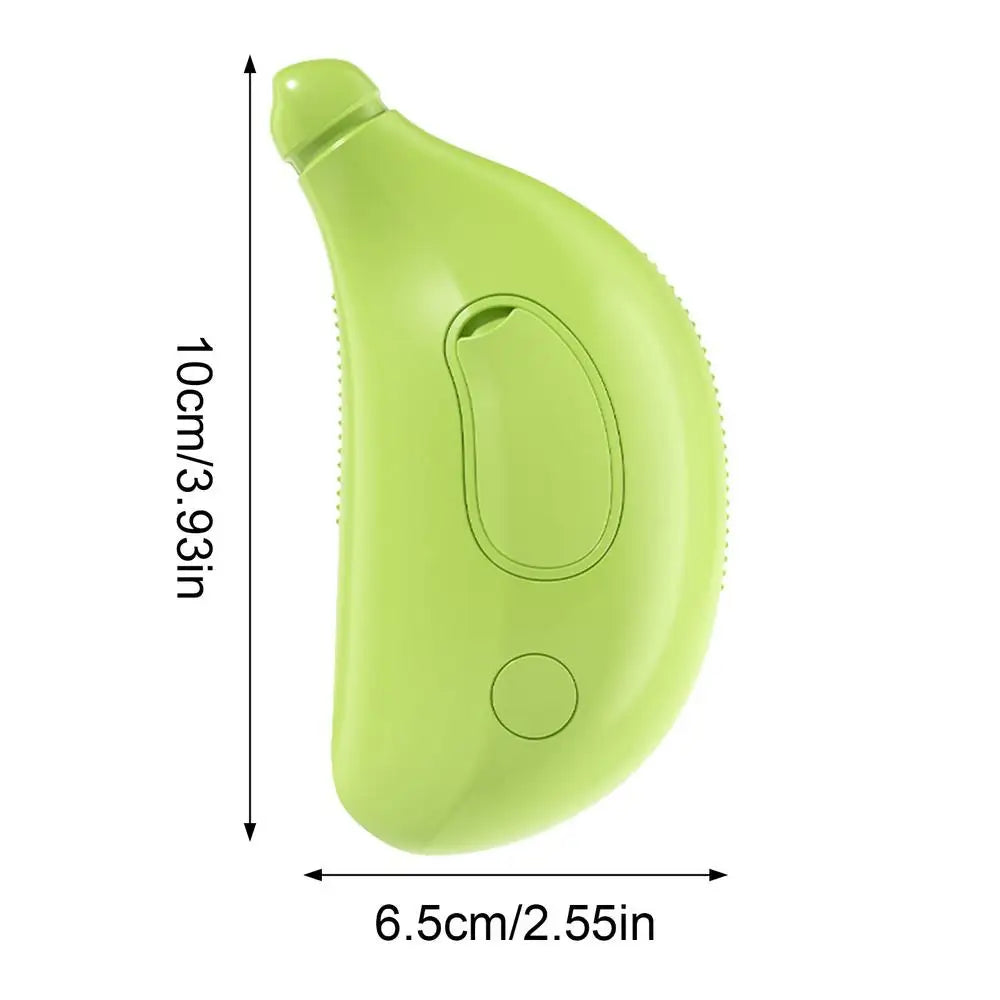 Cat Paw Shaped Steam Brush for pet grooming, green, ergonomic design, dimensions 10cm by 6.5cm.