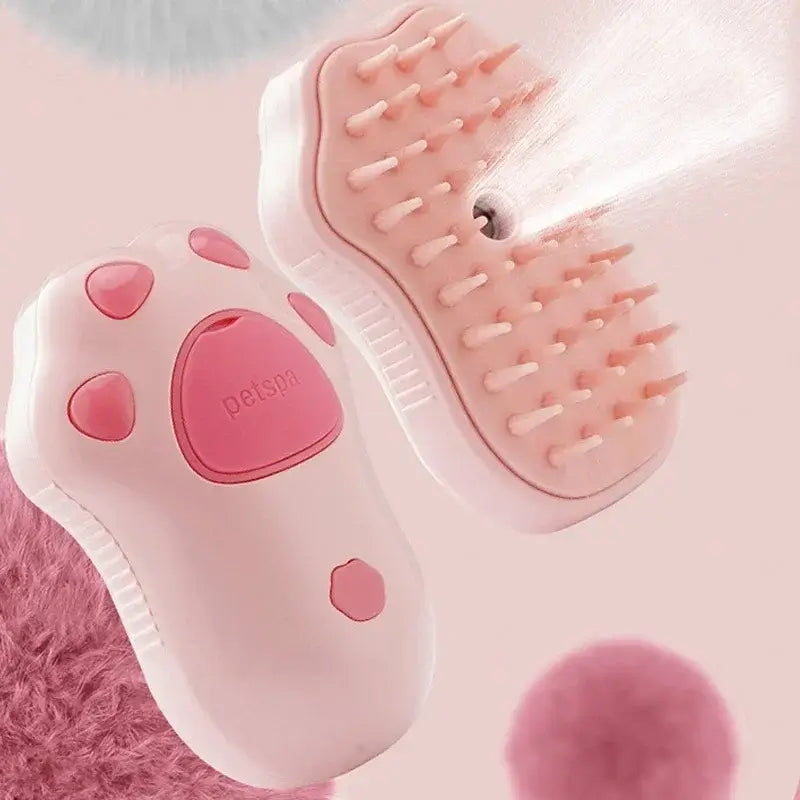 Cat paw shaped steam brush for pet grooming with steam, brush, and massage features.