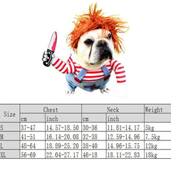 Dog wearing funny Halloween pet cosplay costume with red striped top and wig, size chart included.