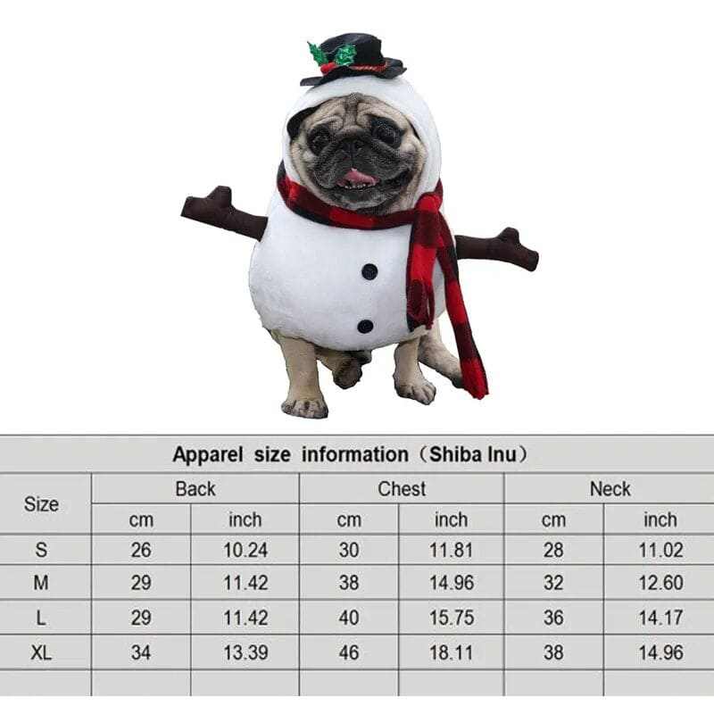 Halloween costume for pets featuring a snowman design, ideal for Halloween parties, with size chart for Shiba Inu.