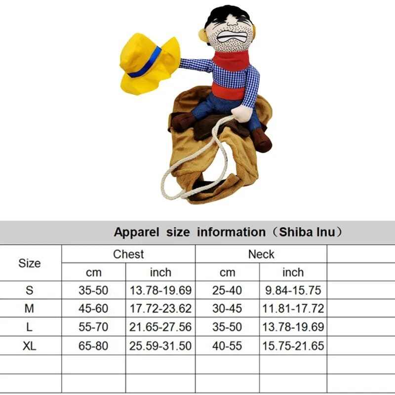 Halloween pet cosplay costume with cowboy design and size chart.