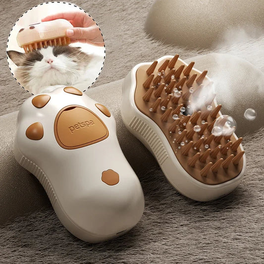 Cat Paw Shaped Steam Brush for pet grooming with steam, brushing, and massaging functions.