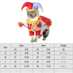 Cat wearing Halloween pet cosplay outfit with sizing chart for back, neck, and weight.