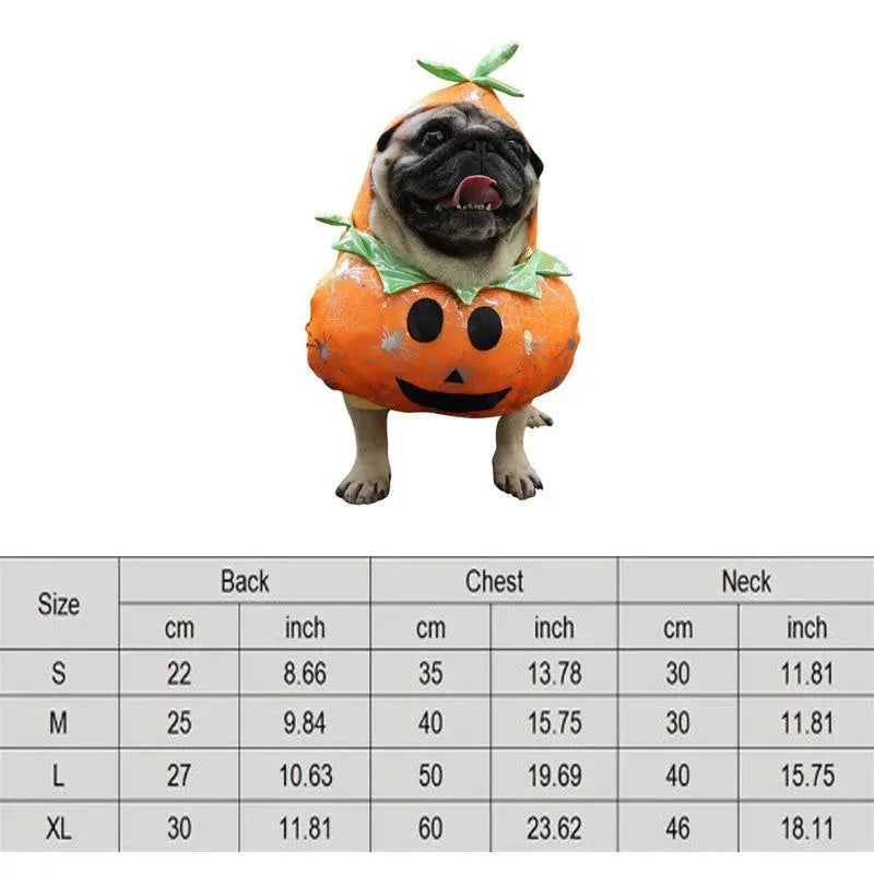 Halloween pet cosplay costume for dogs, resembling a pumpkin, with sizing chart.