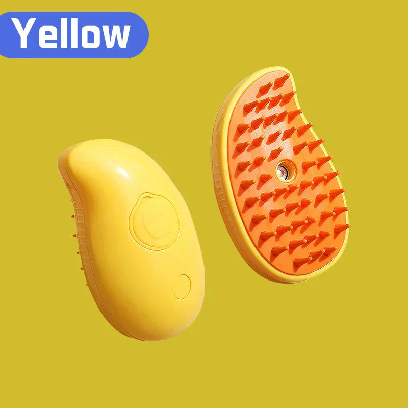 Yellow cat paw shaped steam brush, ultimate 3-in-1 grooming tool for pets, shown with ergonomic bristles.